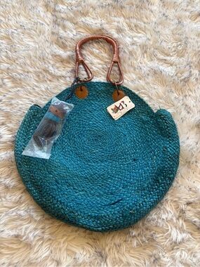 Handwoven Teal Round Tote with Wrapped Leather Handles